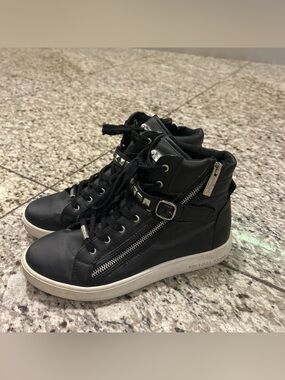 Michael Kors Black Leather High-Top Sneakers with Silver Hardware
